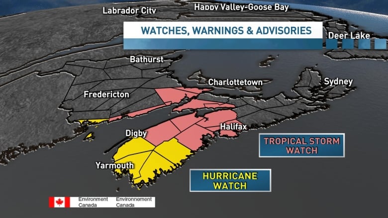 A map of the Maritimes shows certain sections in yellow and pink to indicate hurricane watches and tropical storm watches.