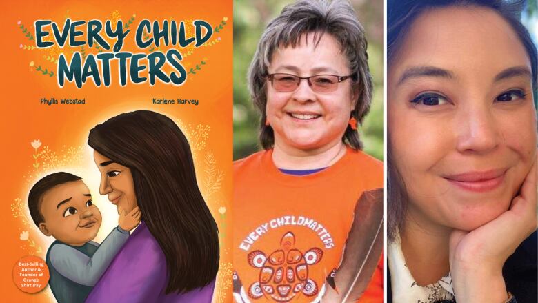 Every Child Matters By Phyllis Webstad, illustrated by Karlene Harvey, translated by Marie-Christine Payette. An orange book cover featuring and Indigenous mother holding her child. Portraits of two Indigenous women smiling into the camera.