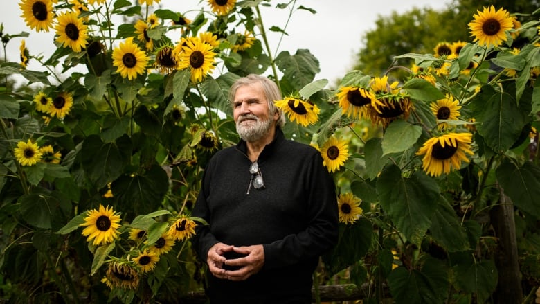 Man wearing a sweater standing in front of sunflowers.