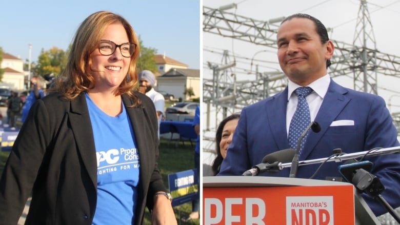 A side-by-side photo of a woman in a PC t-shirt and a man at an NDP podium.