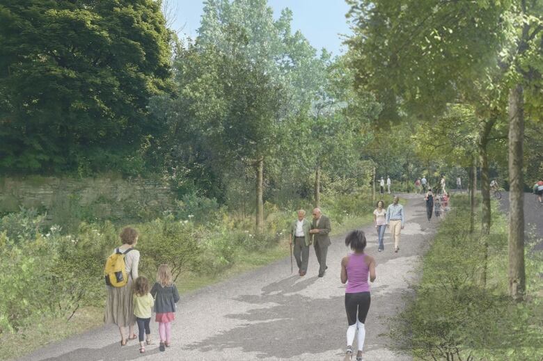 people walking up a path divided by a line of trees and a bike path. 