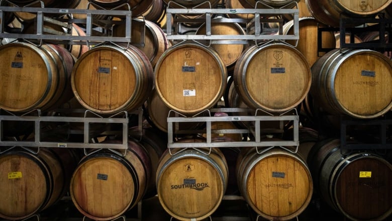 Barrels of wine in a cellar.