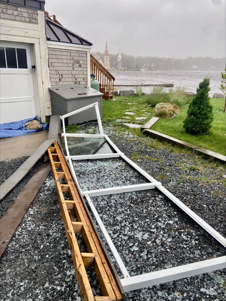 House railings on the ground after high winds caused damage in Mahone Bay