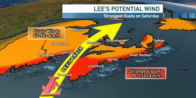 Map of Maritimes with a yellow arrow leading from the western shore of Nova Scotia through New Brunswick to the east of Saint John. 