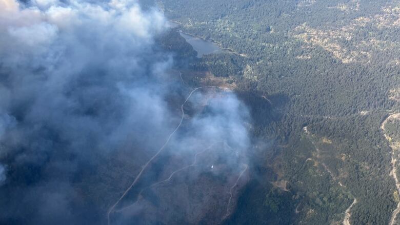 An aerial view of smoke billowing from a forested area where logging roads and lakes are visible through the haze.