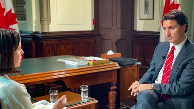 Jayme Poisson, host of CBCs daily news podcastFront Burner, sits down for an interview with Prime Minister Justin Trudeau in his office in West Block on Parliament Hill in Ottawa on September 18, 2023.