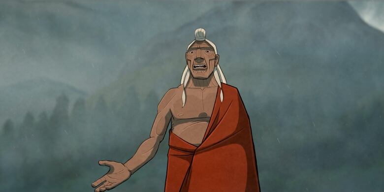 An animated Indigenous elder dressed in robes holds out his hand.