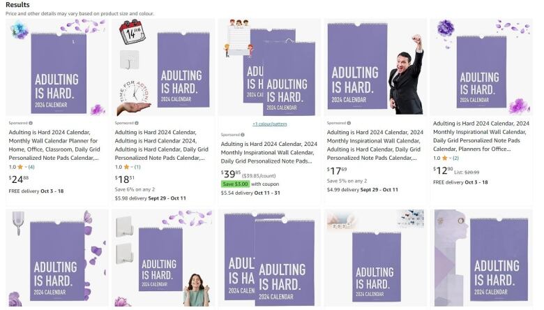 A screenshot from amazon shows 10 different ads for a purple calendar that says Adulting Is Hard.