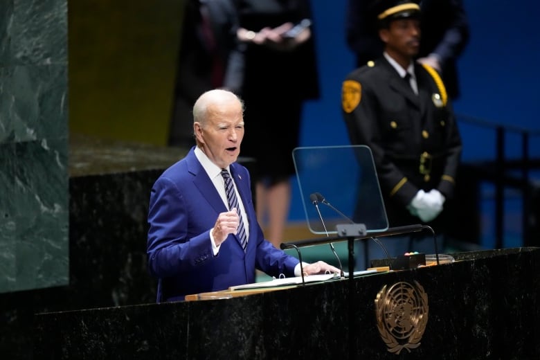 U.S. President Joe Biden addresses the 78th session of the United Nations General Assembly on Tuesday, Sept. 19, 2023 at United Nations headquarters.