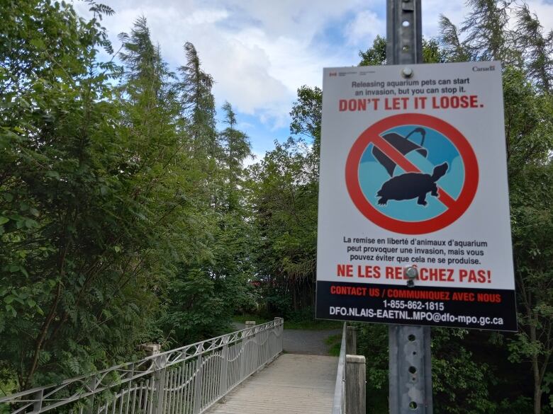 Sign warning people not to toss turtles next to a bridge.