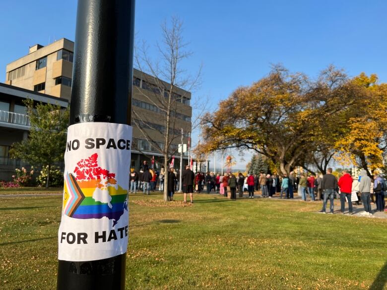 A poster reading 'no space for hate.'