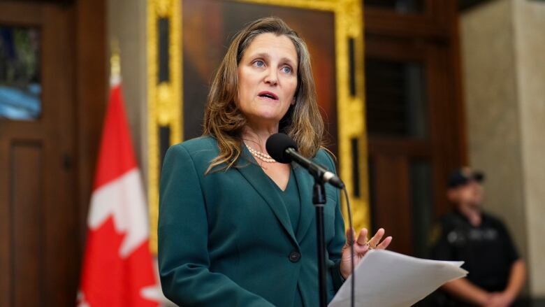 Deputy Prime Minister and Minister of Finance Chrystia Freeland speaks to reporters in the foyer of the House of Commons on Parliament Hill in Ottawa on Tuesday, Sept. 19, 2023.