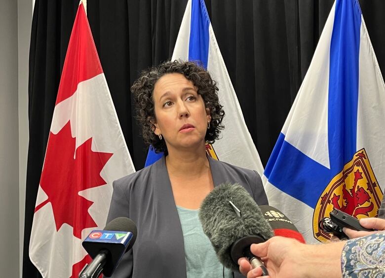 A woman stands in front of flags.