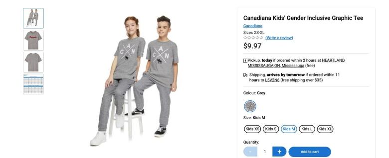 A screen grab of an online shopping page. There are two children wearing grey T-shirts on the page. 