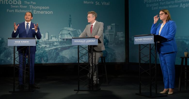 Three people in business attire stand at podiums in a TV studio.