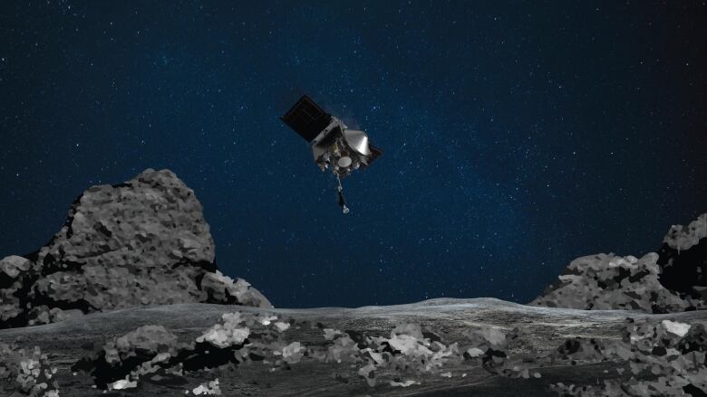 A colour illustration shows the OSIRIS-REx spacecraft approaching the rocky surface of the asteroid Bennu.