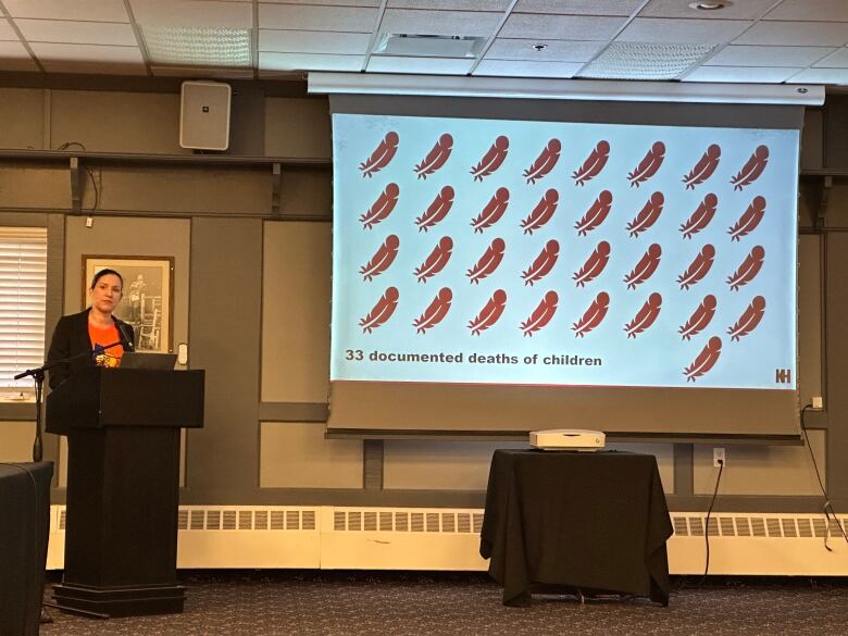 A woman stands at a podium beside a projector screen that shows 33 feather icons and a caption reading, '33 documented deaths of children.'