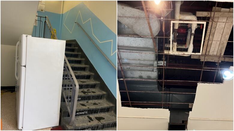 Composite image of a fridge in a staircase and a hole in the ceiling.