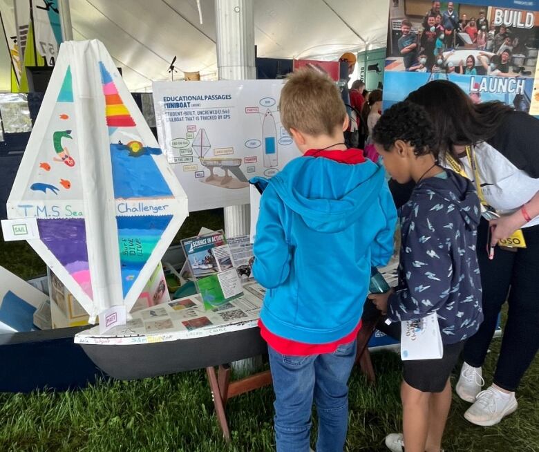 Two child with their backs to the camera look at a small-scale sail boat that's on display.