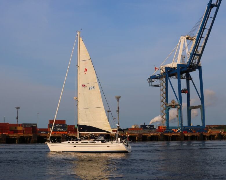 A sailboat cruises past two post-Panamax cranes in the Saint John Harbour. 