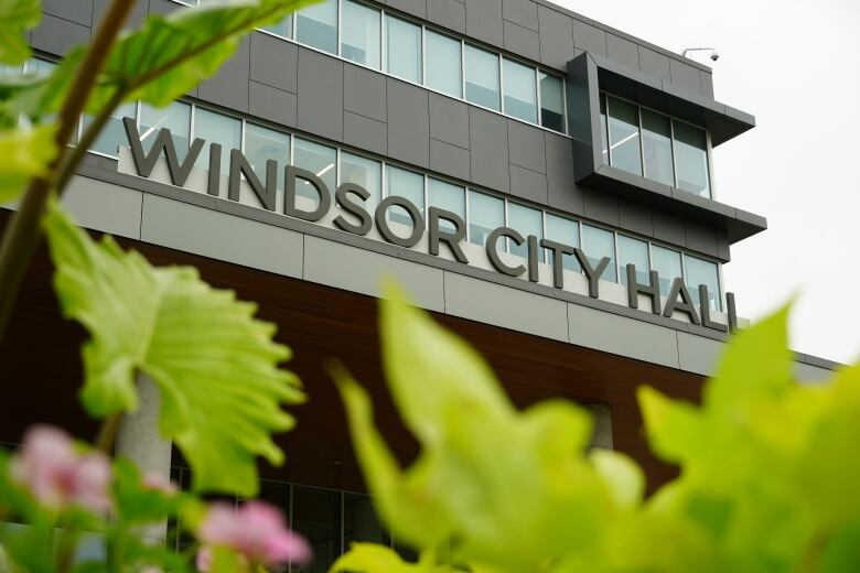 A building with the words Windsor City Hall on a sign framed by leaves.