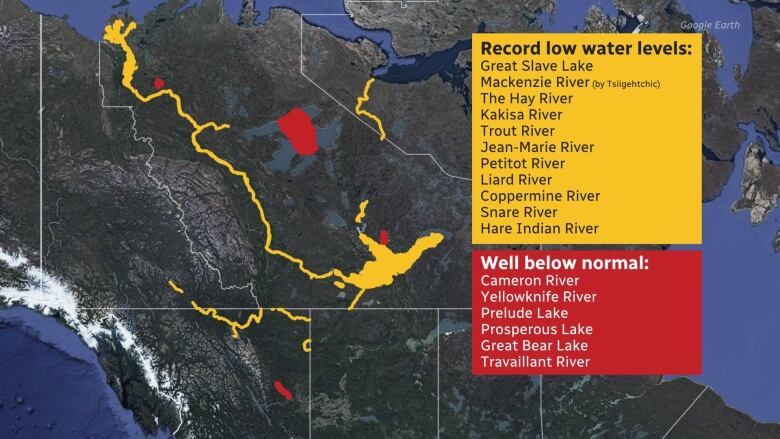 A map that shows record low water levels and rivers and lakes with well below normal water levels.