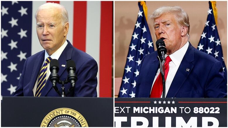 Medium shots of two white elderly male politicians standing in front of podiums.