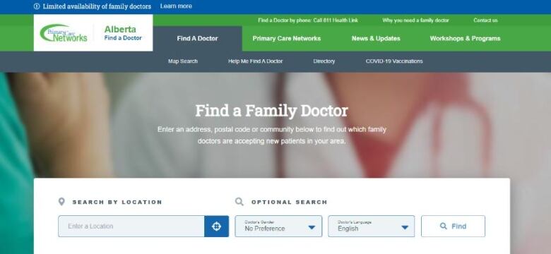 A screenshot of a website with a picture of a doctor shows a notice at the top that says 