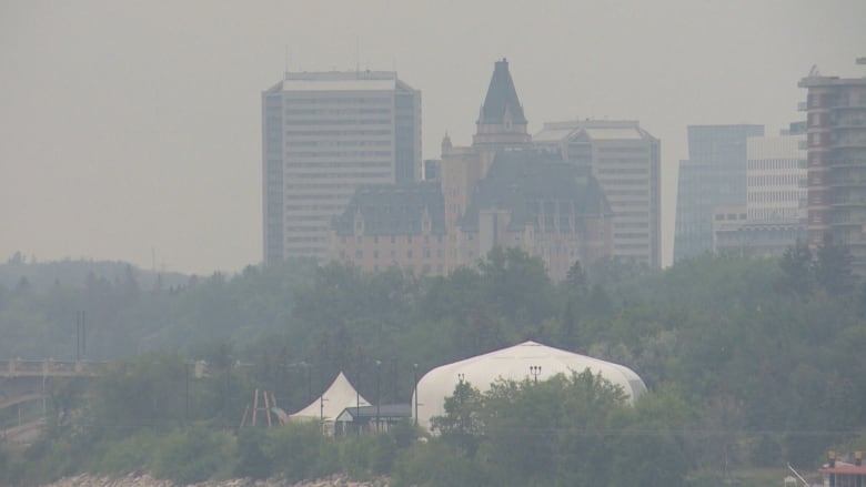 A hazy skyline of Saskatoon, Saskatchewan.