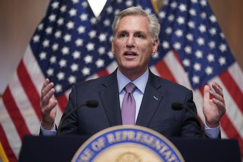 Rep. Kevin McCarthy, R-Calif., speaks to reporters hours after he was ousted as Speaker of the House, Tuesday, Oct. 3, 2023, at the Capitol in Washington. 