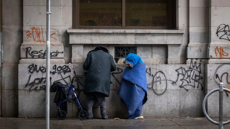 A person stands wrapped in a blanket on a sidewalk in front of a grafitti-covered wall.