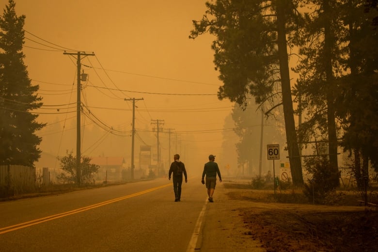 Two people are seen from behind as they walk down an empty road. The sky is orange with wildfire smoke.