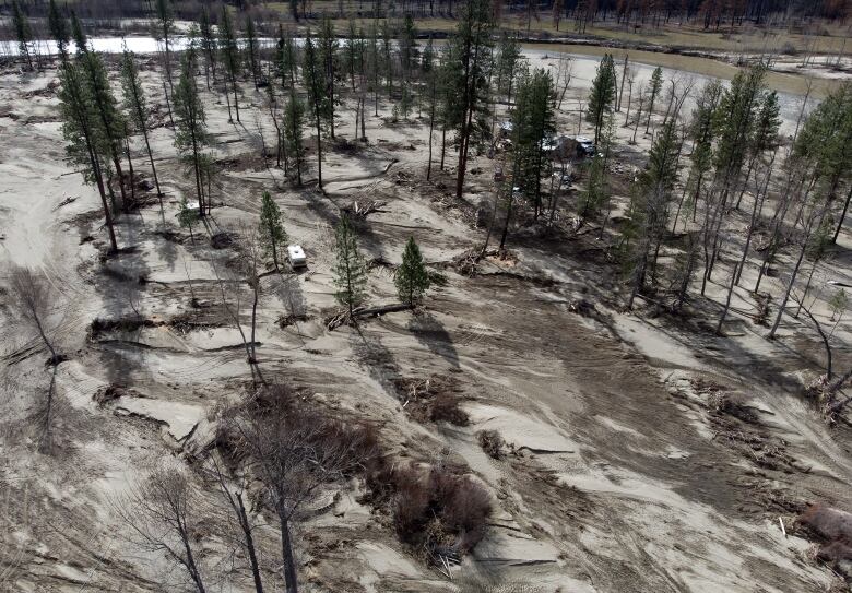 An aerial view of a flood-damaged farm.