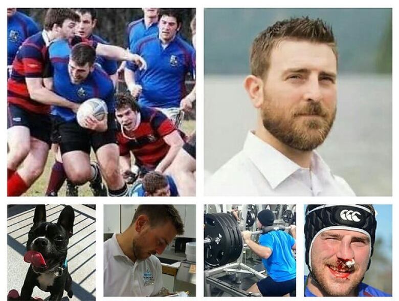 A square grid shows several photos of massage therapist Jeremy Jakobsze, including head shots, photos of a rugby team, weightlifting and working with a patient.