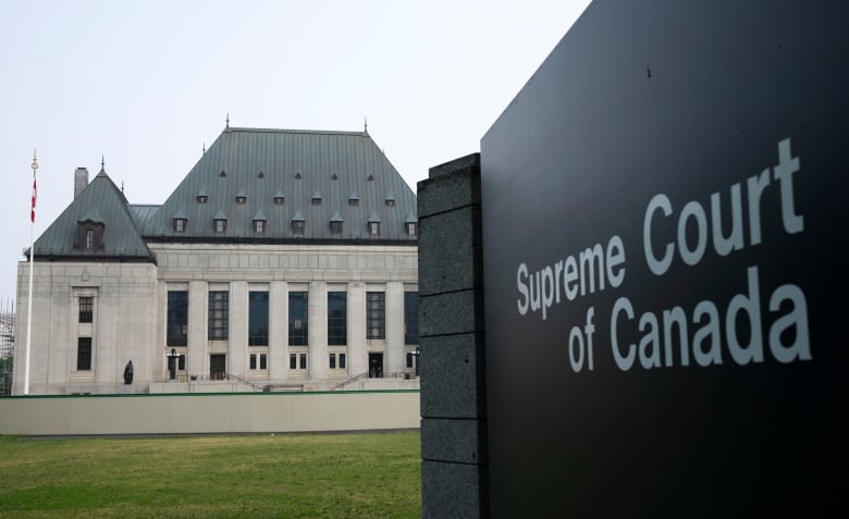 A building is shown in the background, with a sign that reads Supreme Court of Canada shown in the foreground.