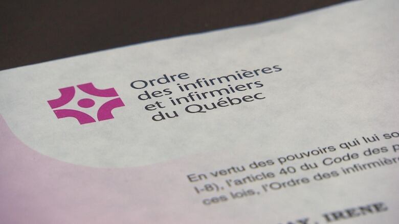 A close-up of a document from the Quebec Order of Nurses. 