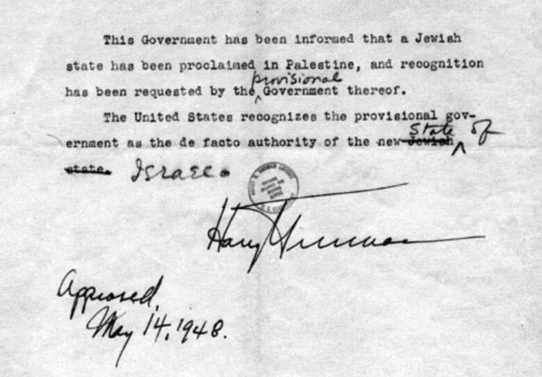 This statement by Harry Truman, signed and dated May 14, 1948, recognizes Israel.