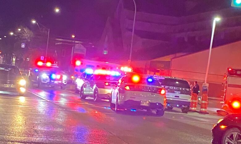 A night photo shows multiple police cars and their lights flashing