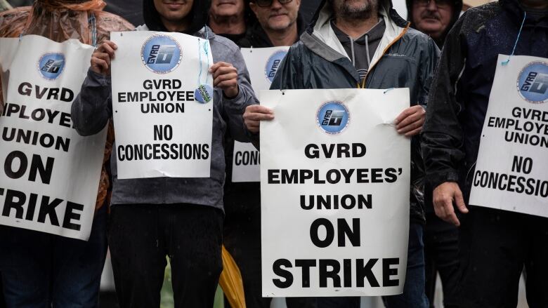 Workers hold up placards reading 'GVRD Employees' Union on strike'.