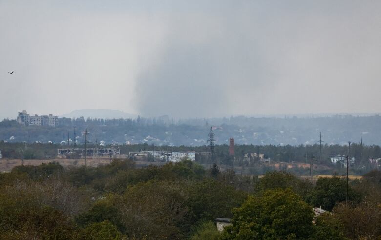 Smoke rises above a town.