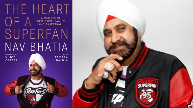 The Heart of a Superfan is a memoir by Nav Bhatia, with Tamara Baluja. A purple book cover with a Sikh man in a white turban smiling as he opens his jacket to show a white Toronto Raptors jersey. A portrait of a Sikh man with white turban smiling onto the camera. 