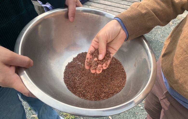 A pair of hands holds a stainless steel bowl full of flaxseeds. Another hand holds some of the seeds over the bowl.