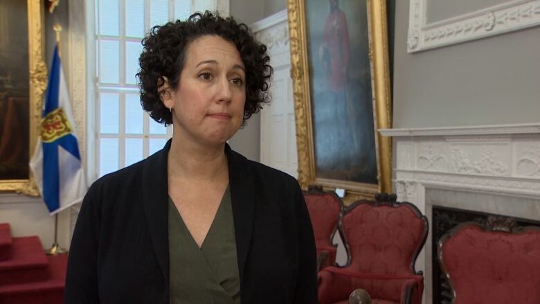 A woman with curly dark brown hair is standing inside a room in the Nova Scotia legislature. There's an N.S. flag behind her. 