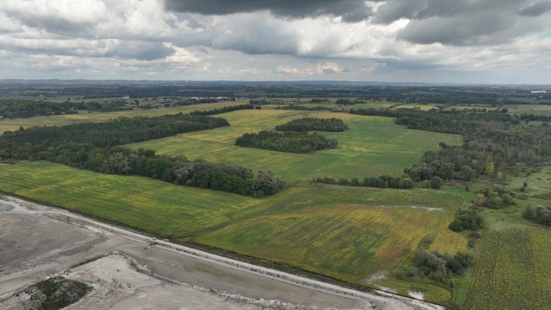 An aerial view of flat farmland with some trees visible. 