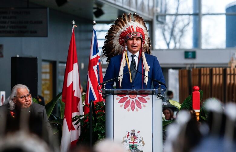 Manitoba Premier Wab Kinew speaks at a Premier and cabinet swearing-in ceremony in Winnipeg, Wednesday, Oct. 18, 2023. THE CANADIAN PRESS/John Woods