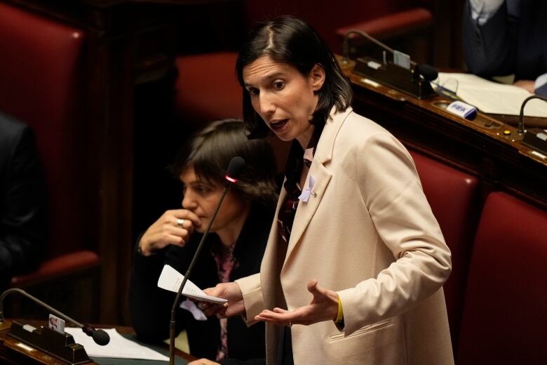 Elly Schlein, center, the new leader of the Democratic Party talks during the question time at the Chamber of Deputies, the Italian Parliament's lower house, in Rome, Wednesday, March 15, 2023.