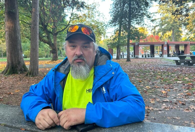 A mans sits at a picnic table in a park. He has a solemn expression, the aprk around him is largely empty.