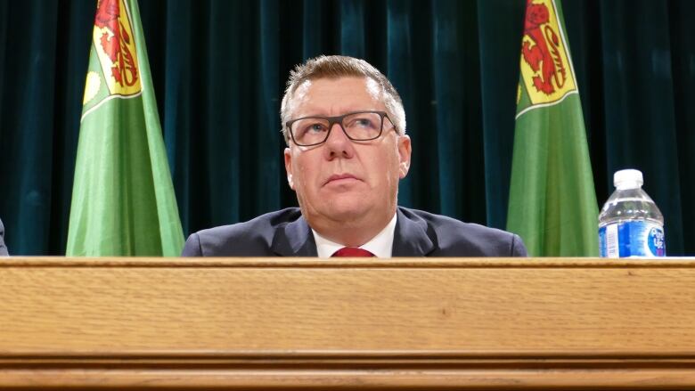 Saskatchewan Premier Scott Moe looks towards the media during a press conference on Bill 137. 