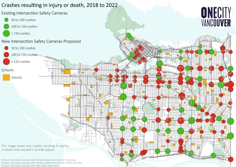 A map of Vancouver shows dozens of red marks where there are dangerous intersections without speed cameras.