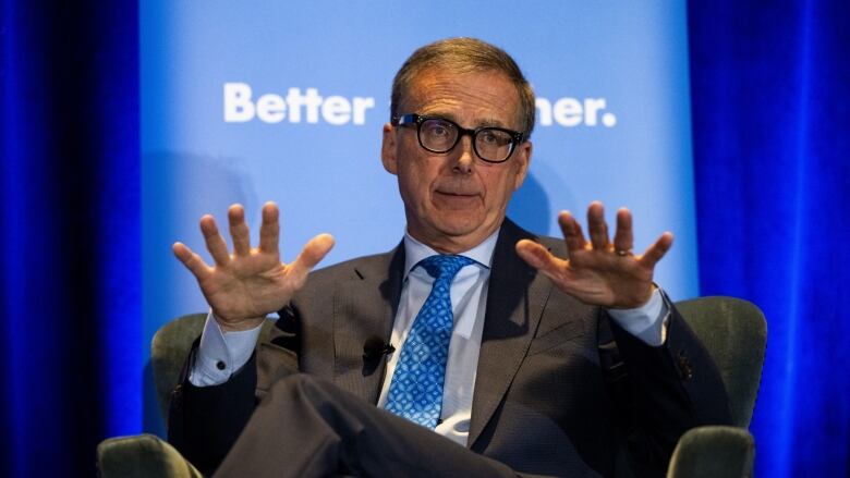 Bank of Canada governor Tiff Macklem gestures during a question and answer session at the Calgary Chamber in September 2023.